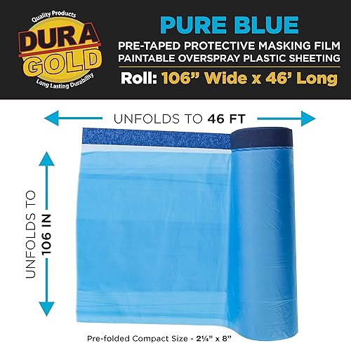 Miniatura 2 de Dura-Gold Rollo de película de enmascaramiento precintada azul puro de 106 pulgadas de ancho x 46 pies de largo, lámina protectora de plástico