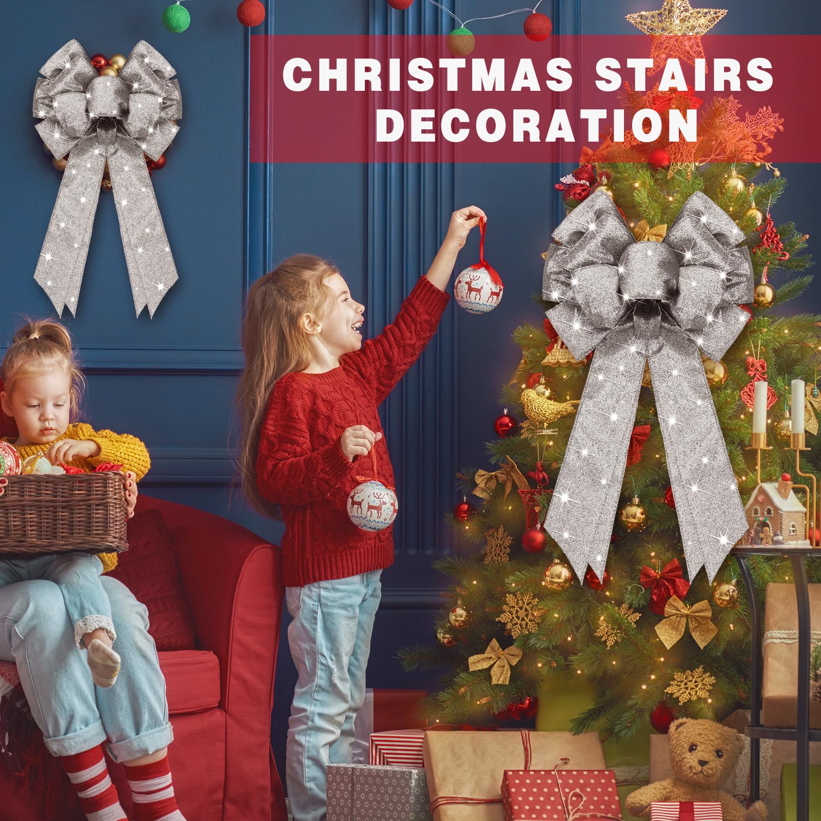 Giegxin Lot de 4 nœuds de couronne de Noël à DEL en toile de jute avec lumières LED pour décoration murale d'intérieur ou d'extérieur (argenté)