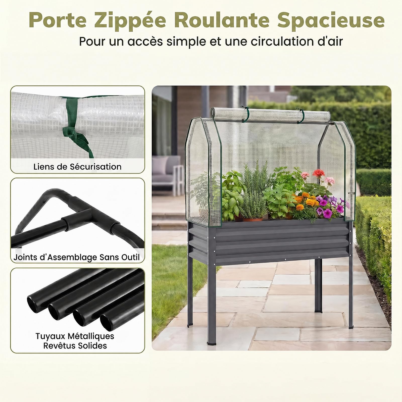 GOPLUS Jardiniere sur Pieds 3 en 1 avec Mini Serre, Carré Potager en Métal Galvanisé avec Porte Zippée Enroulable pour Jardin Balcon Patio, Bac de Culture 142L pour Légumes Herbes Fleurs (Gris)