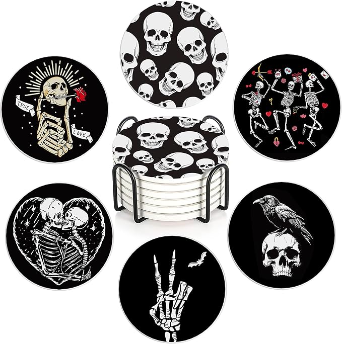 Coaster for Drinks Set of 6, Skeleton Skull Absorbing Round Ceramic Stone Coaster with Cork Base,Tabletop Protection Mat for Mugs and Cups,Coffee Table Wine Glass Home Bar 4 Inch