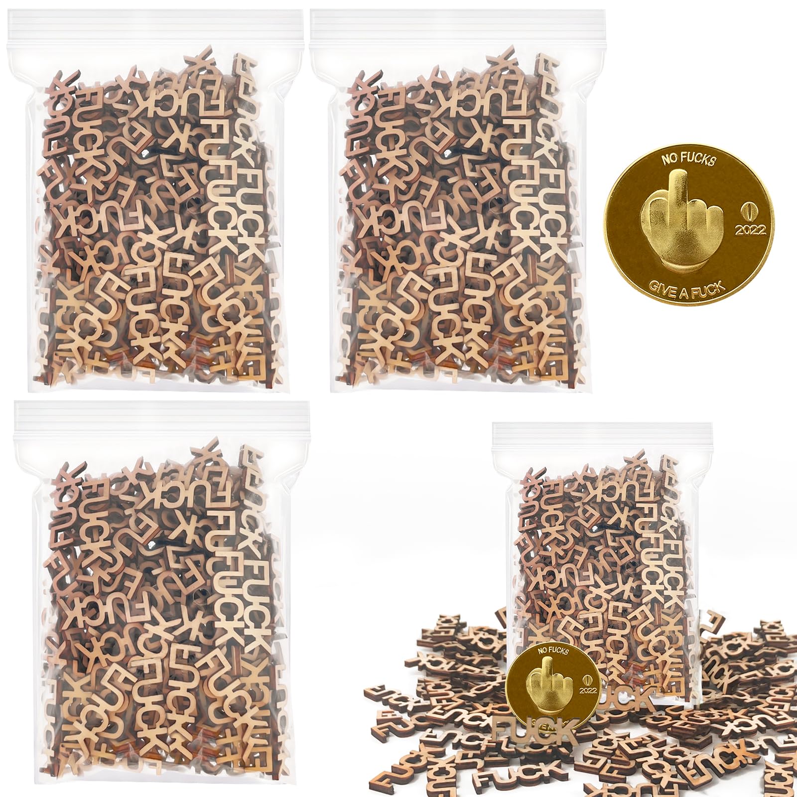 300pcs Fucks to Give Wooden Letter Piece & Gold Coin DIY Jar of Fucks - Funny Gifts for Friends, Birthday & Valentine's Day
