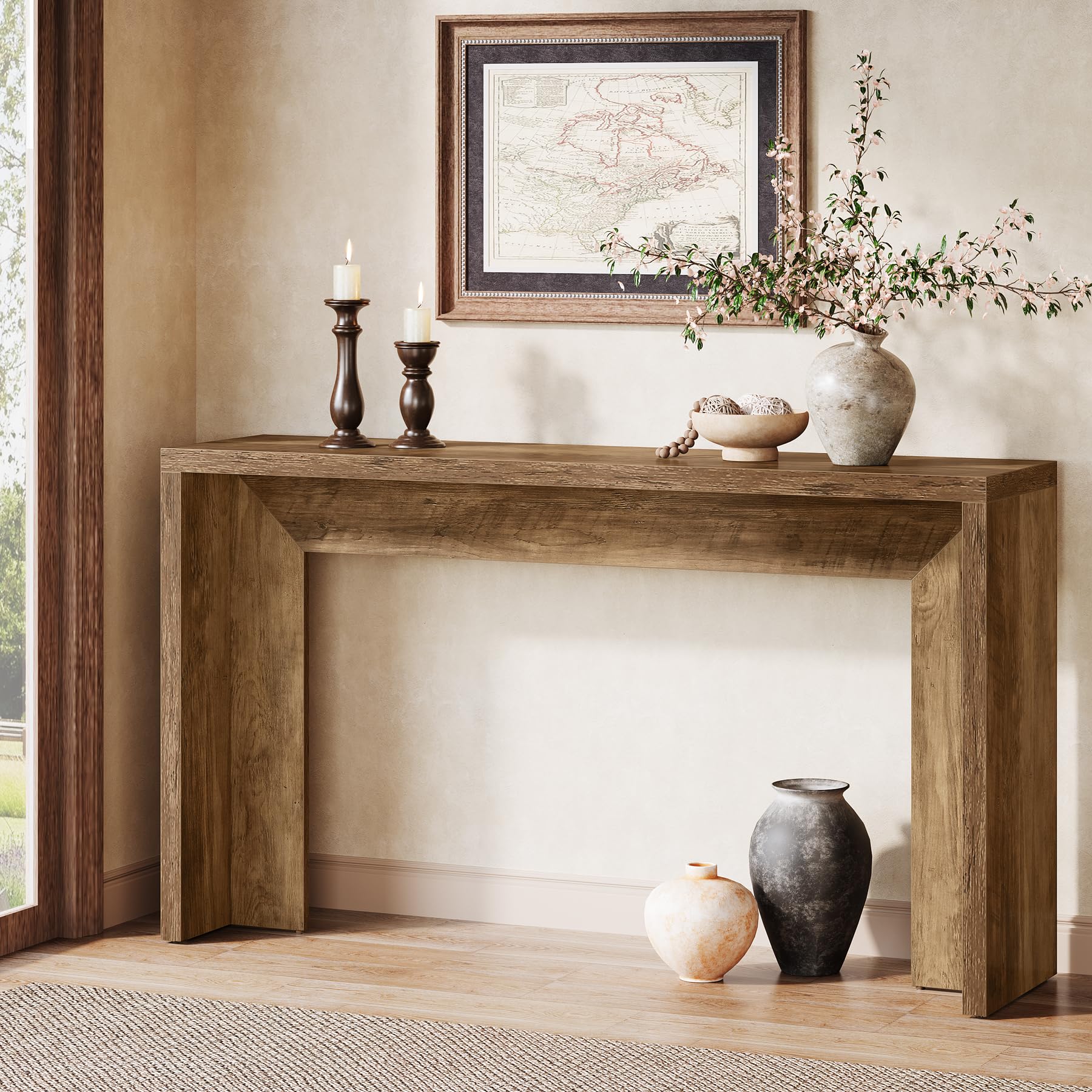 Tribesigns Tavolo consolle da fattoria da 140 cm con contenitore, tavolo da divano in legno marrone rustico per ingresso, ingresso, corridoio, soggiorno, facile da montare