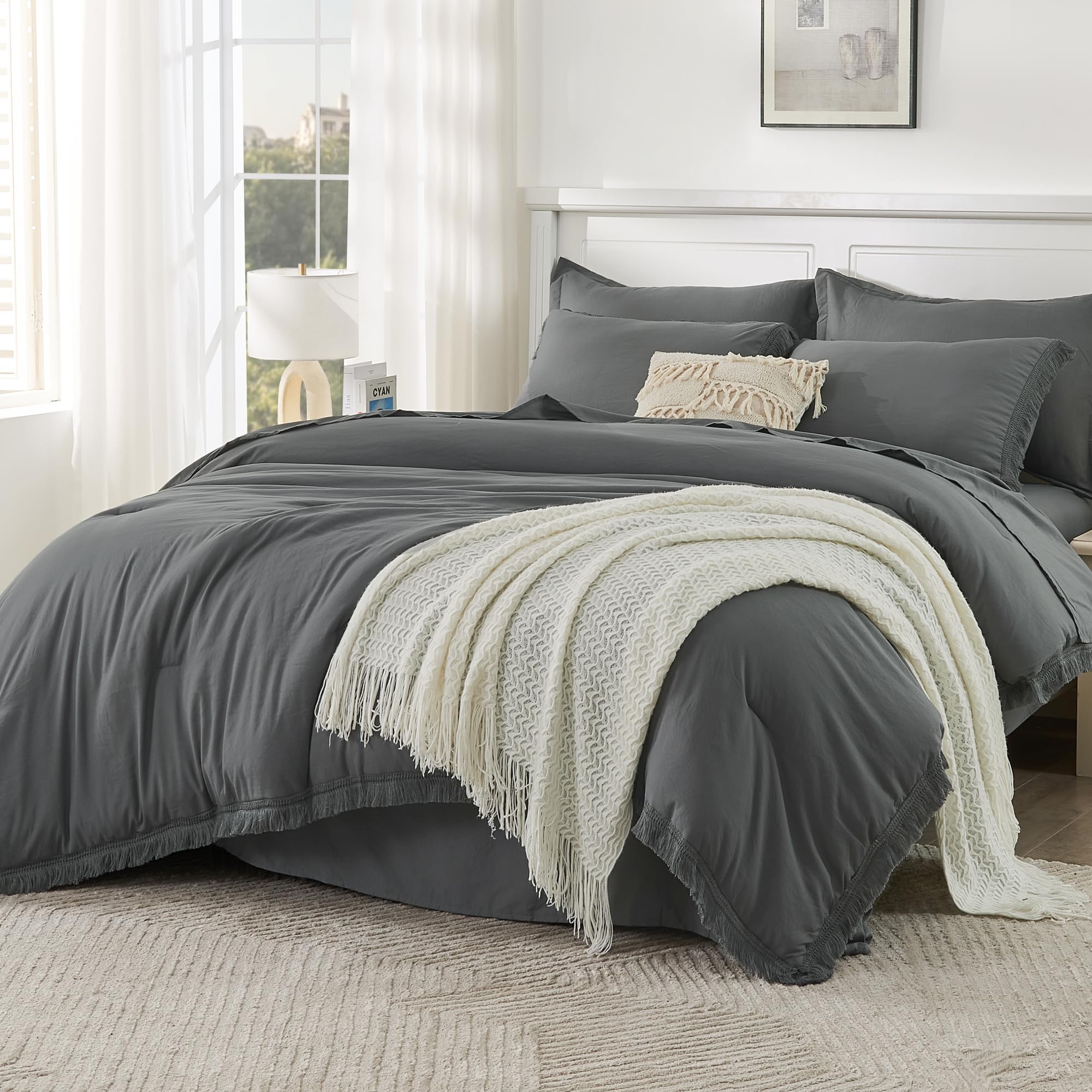 Andency California King Size Comforter Set with Sheets Dark Grey - 7 Pieces Cal King Bed in a Bag Boho Bedding Sets, Dark Grey Bed Set with Comforter,