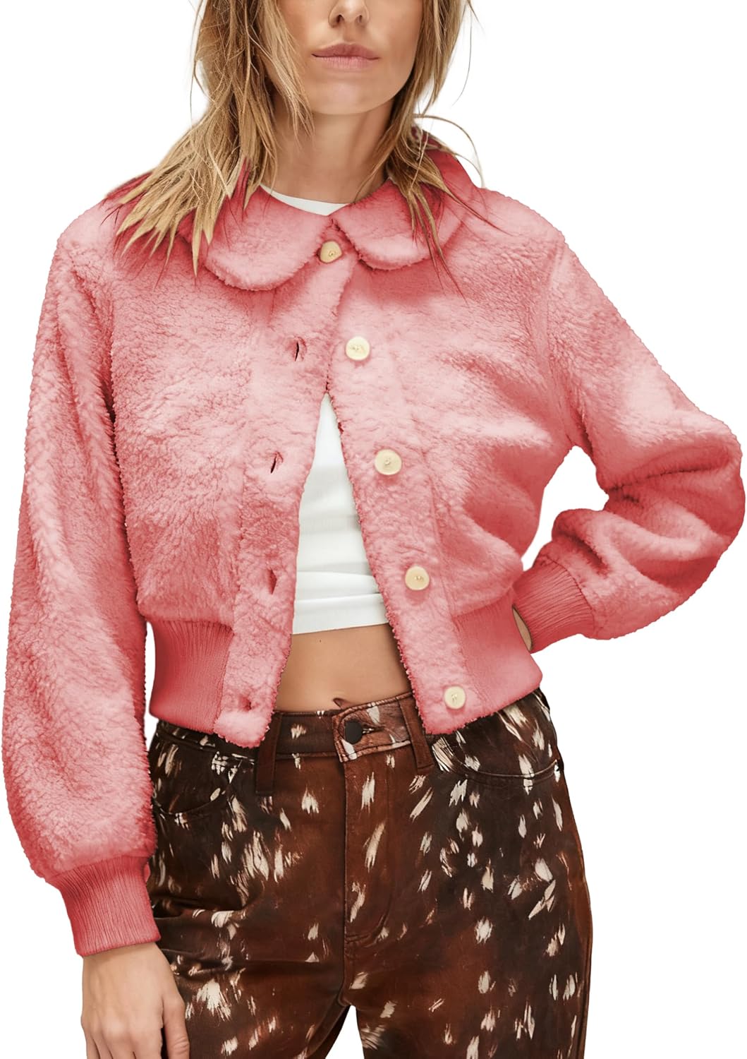 LTSCNRM Women‘s Faux Sherpa Fleece Jacket Long Sleeve Short Button Down Coat Winter Fluffy Outerwear with Pockets