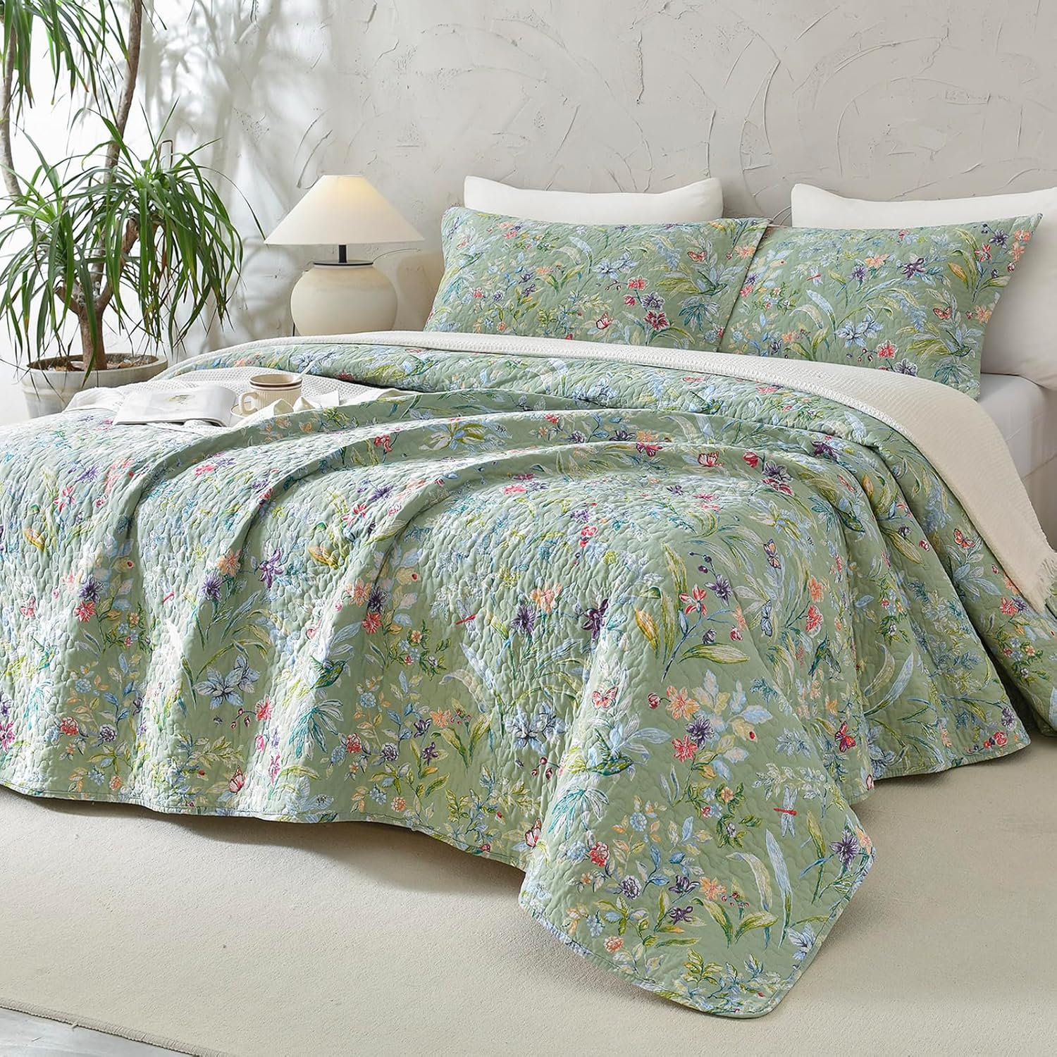 Lady Ann Oversized Cal King Bedspreads 120x120 for Extra Bed, Green Flower Bird Butterfly Print Botanical Bedding, Lightweight 100% Cotton Quilted Coverlet Set with Pillow Shams for All Season, 3 PCS Oversized California King Plus(120"x120") Green