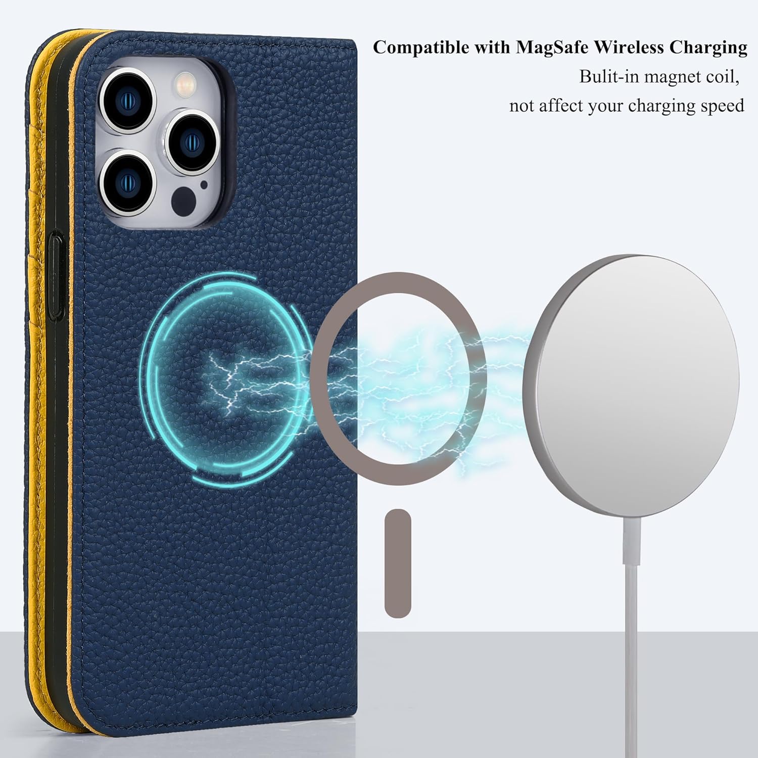 VISOUL Pebbled Genuine Leather Case for iPhone 15 Pro Max Wallet Case with Card Holder Kickstand Magnetic Flip Folio Cover for iPhone 15 Pro Max (6.7 inch)-Blue+Yellow