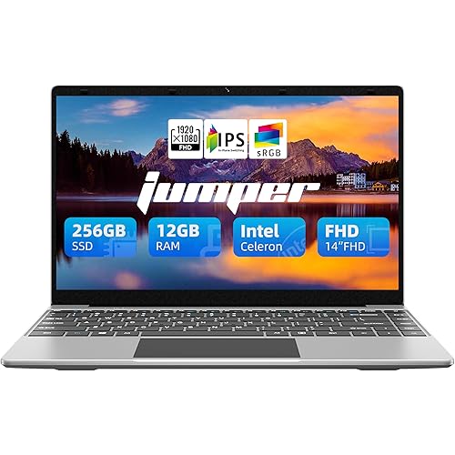 jumper 14 Inch Laptop, 12GB DDR4 256GB SSD, Windows 11 Laptops with 4-core Celeron Processor, Lightweight Computer with FHD 1080p Display, Dual Speakers, Dual-Band WiFi(2.4G/5G), USB3.0.