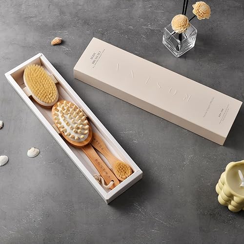 Miniatura 2 de Dry Brushing Body Brush Set – Natural Bristle Spa Exfoliator Kit with Face Cleansing Brush, Long Dry Brushing Body Brush for Lymphatic Drainage &