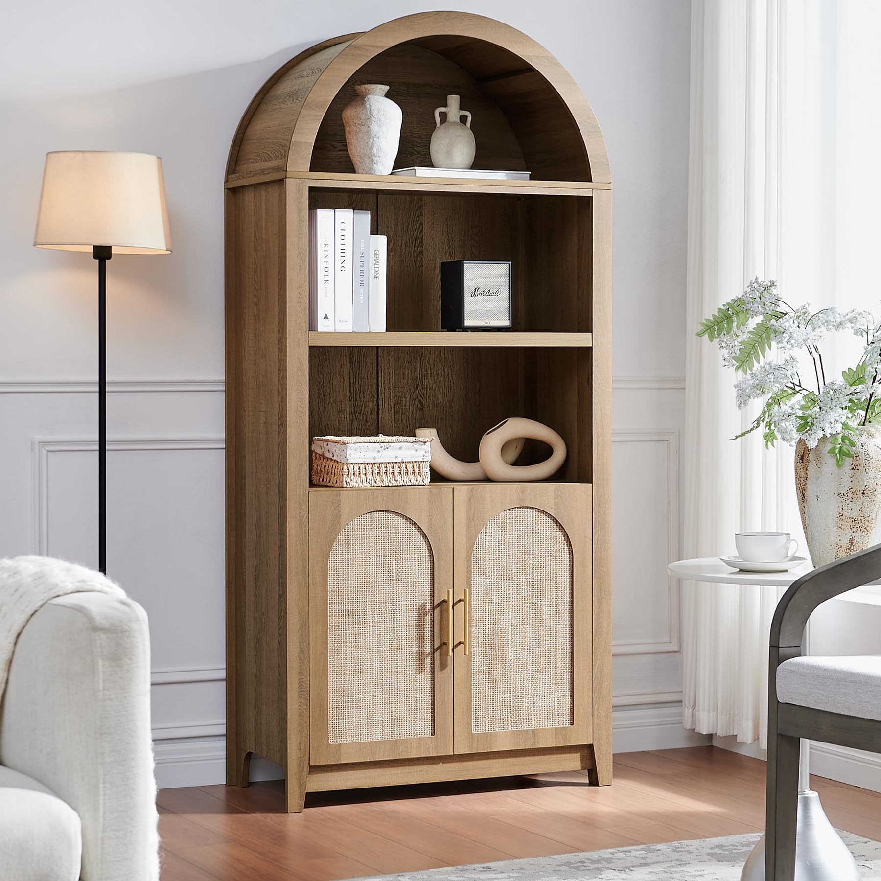 Rattan Arched Cabinet Bookshelf - 69.3” Tall Mid Century Display Cabinet, Rounded Bookcase with Rattan Doors, Open Shelf Storage for Dining Room (Caramel Oak, 1 PC)