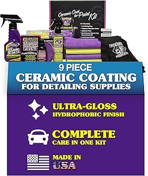 Wizards Ceramic Coat for Paint Kit - 9 Piece Ceramic Coating for Detailing Supplies - Provides High Gloss, Luster, Shine and Protection for Vehicles - Versatile Car Scratch Remover for Auto Detailing