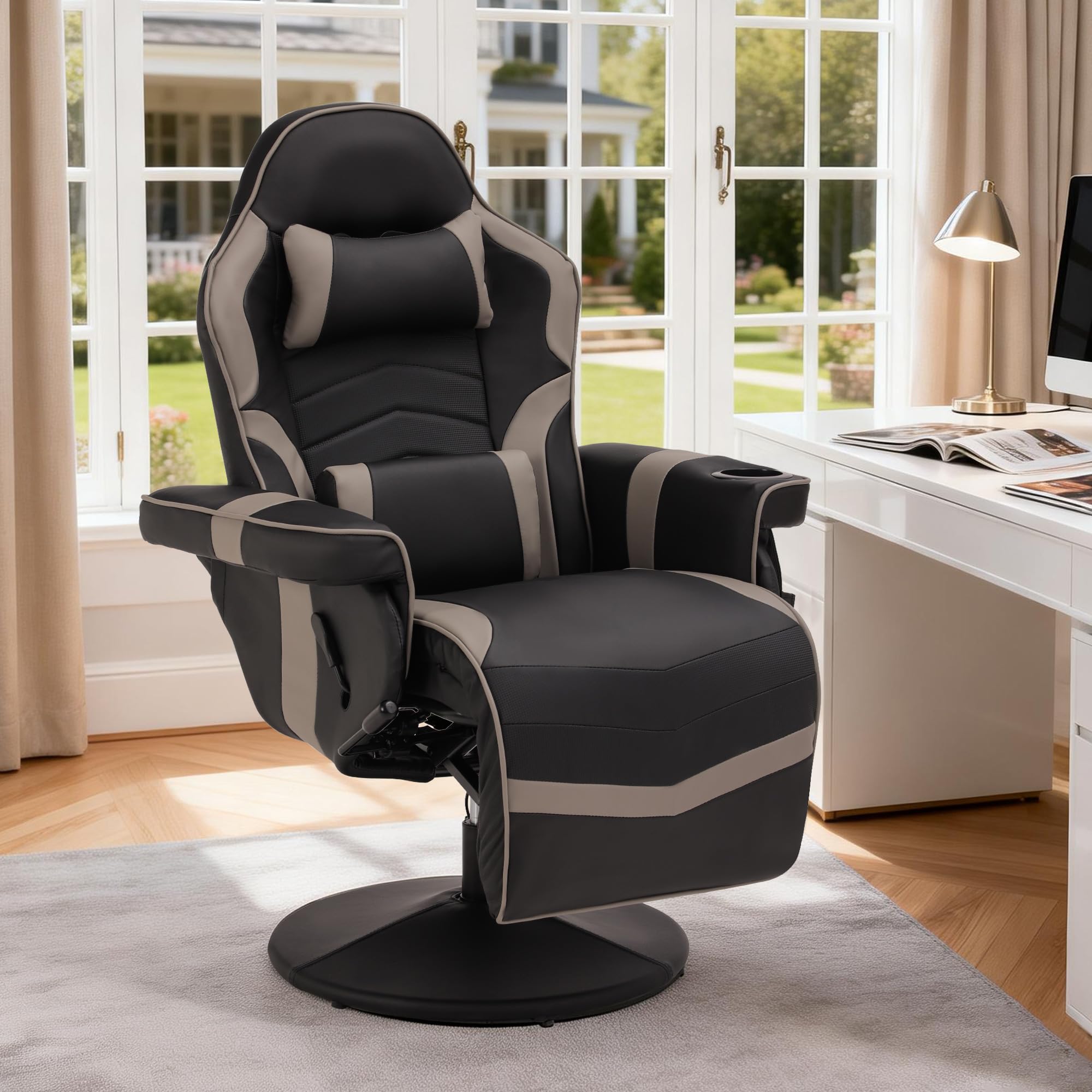 Consofa Relaxsessel Fernsehsessel mit Liegefunktion, Massage Gaming Stuhl mit Höhenverstellbar & 360° Drehbar, Ergonomischer Racing Gaming Sessel Wohnzimmer, Manuell Verstellbar (Gray)
