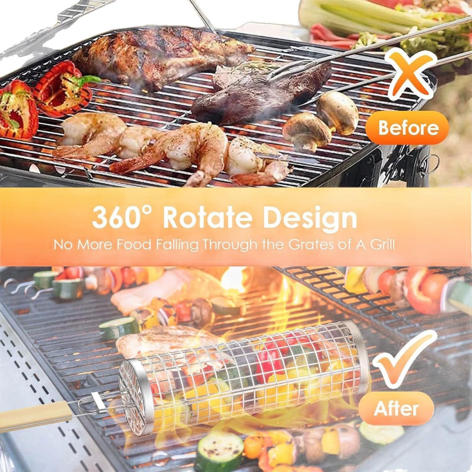 Cestino per grigliare, per barbecue, verdure e gamberetti, cestino rotondo per pesce, verdure, patatine fritte, ideale per cuochi casalinghi, picnic, campeggio e grigliate in spiaggia