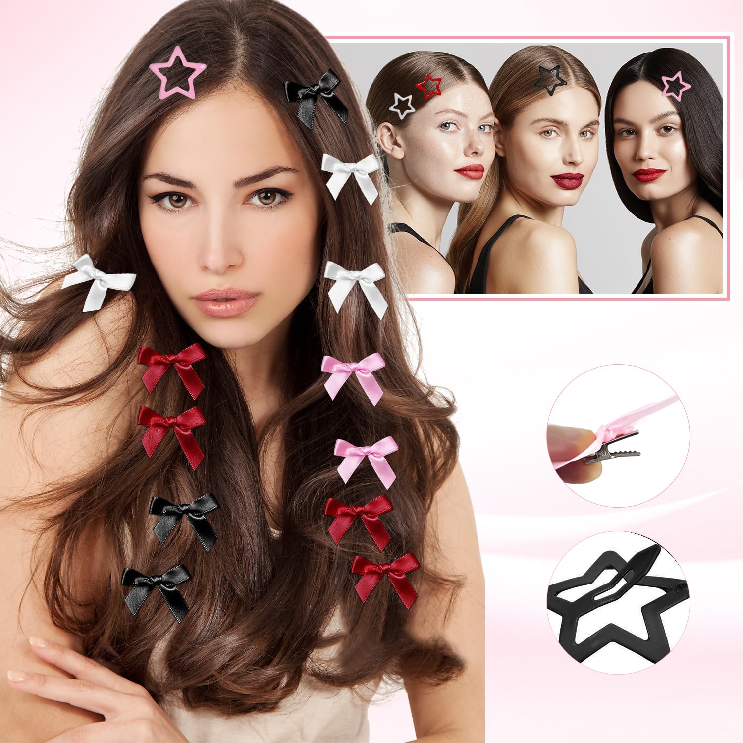 92 Pcs Bow Star Hair Clip Set, 80 Mini Ribbon Bowknot Barrettes and 12 Star Hair Clips 4 Colors Cute Satin Bow Hairpins Metal Stars Hair Snap Y2K Hair Accessories for Women,Party Decor - Image 4