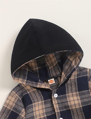 Miniatura 4 de Fuermos Ropa para niños pequeños, conjunto de camisa de botones de franela con malla y capucha + pantalones para niños, conjuntos de otoño e invierno