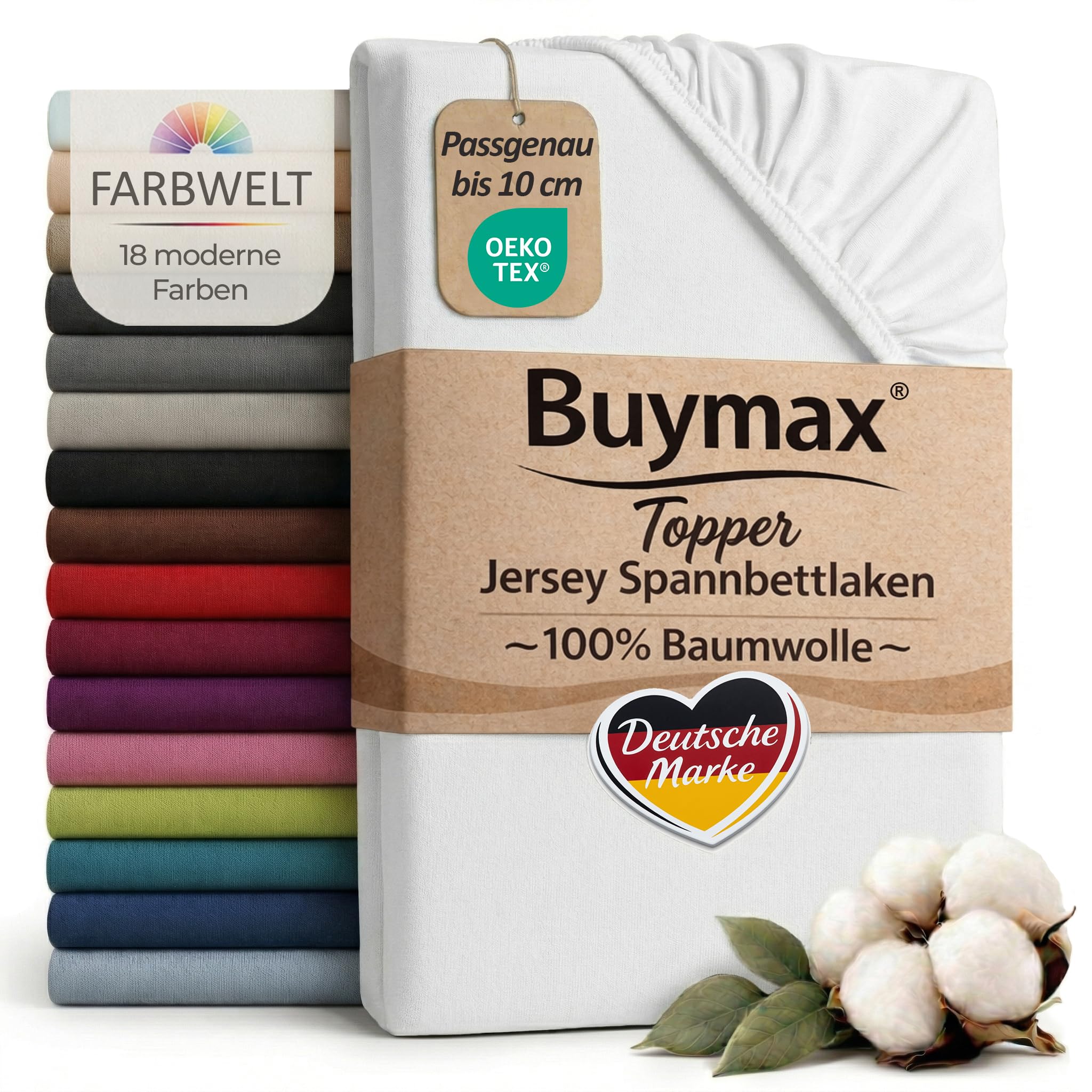 Buymax Jersey Topper Spannbettlaken aus 100% Baumwolle – Spannbetttuch für Topper bis 10 cm Höhe (18 cm Steg), atmungsaktiv, elastisch, Oeko-TEX