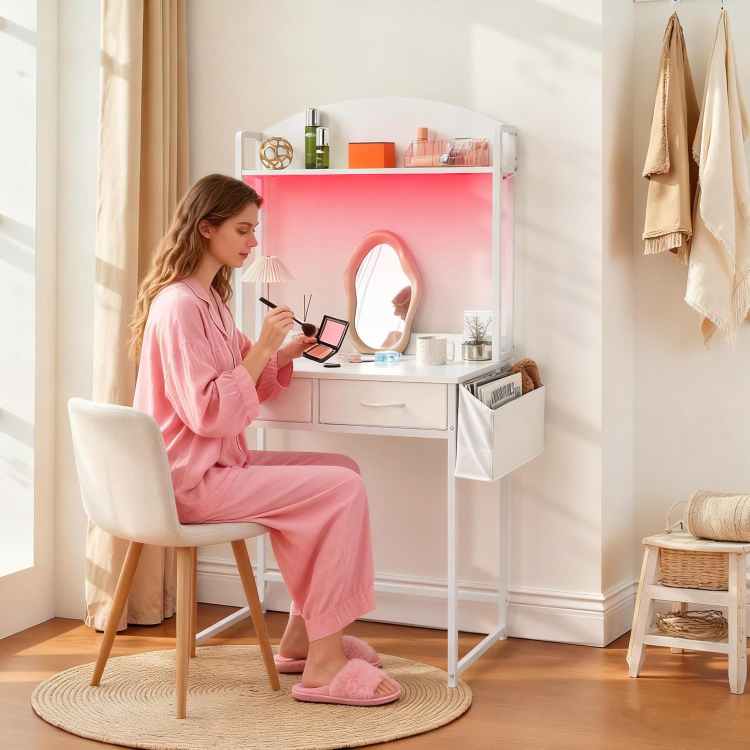 Freestanding Ladder Desks with Power Outlets, Small Home Office Study Reading Desks with 2 Fabric Drawers and Side Bag, Computer Gaming Desk Modern Vanity Dressing Makeup Desk (Elegant White)