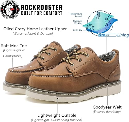 Miniatura 3 de ROCKROOSTER Trinidad VAP2302 - Zapatos de trabajo de cuero marrón con puntera suave de 4 pulgadas para hombre, botas de trabajo ligeras con cuña