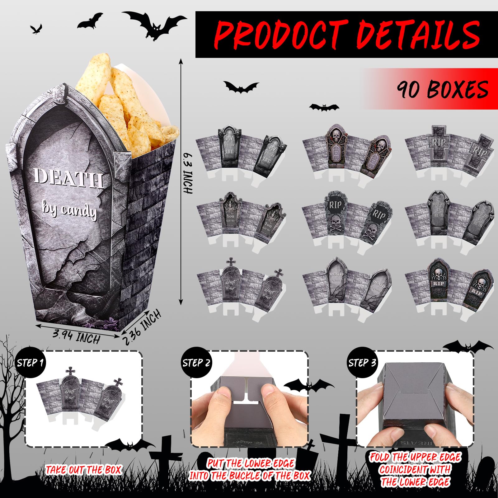 Weekgrat 90 cajas de palomitas de maíz de Halloween, espeluznantes bolsas de papel de lápida de Halloween, bolsas de palomitas de maíz, bolsas de palomitas de maíz de Halloween para dulces, galletas