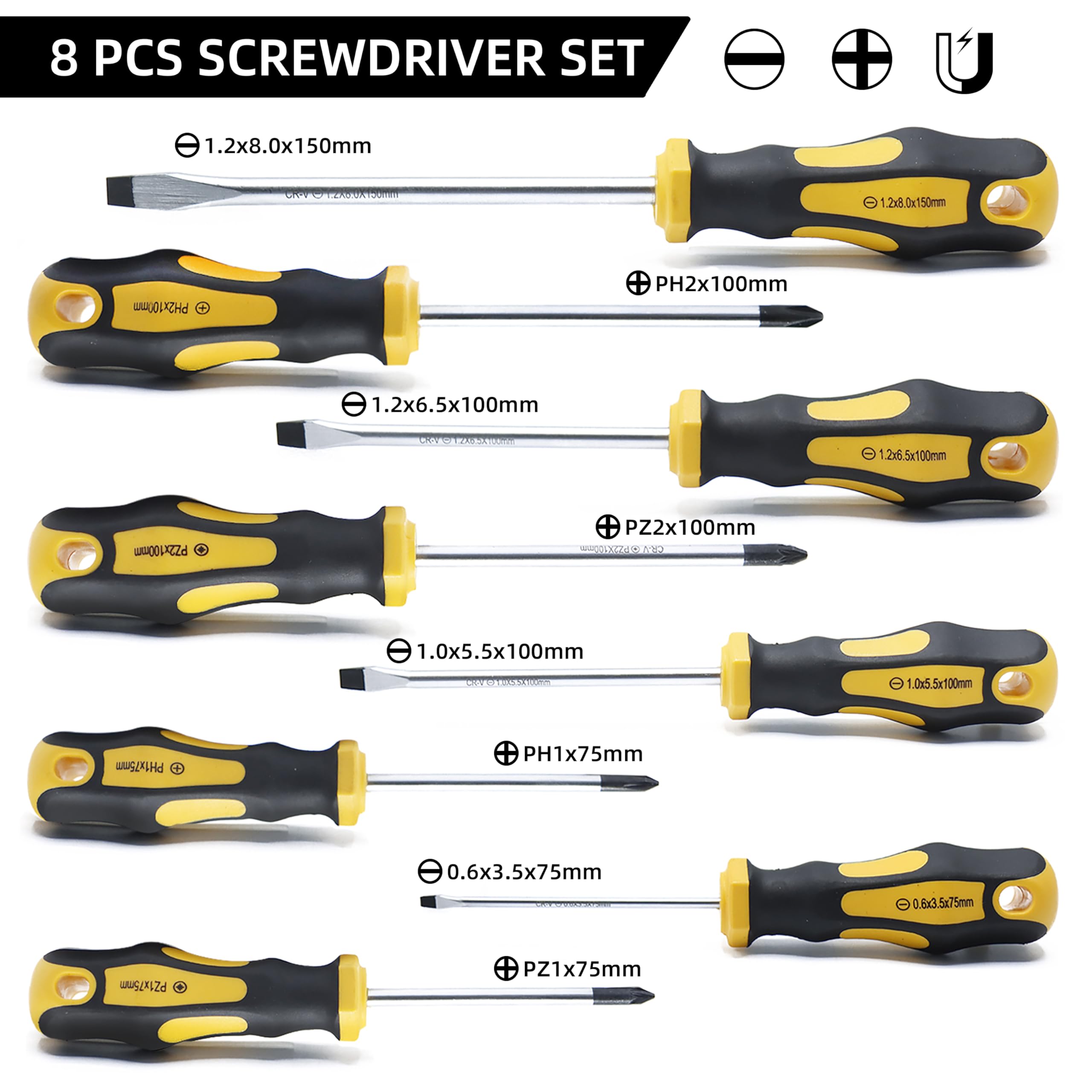CCLIFE 8-częściowy zestaw wkrętaków magnetycznych, płaski/Phillips, chromowana