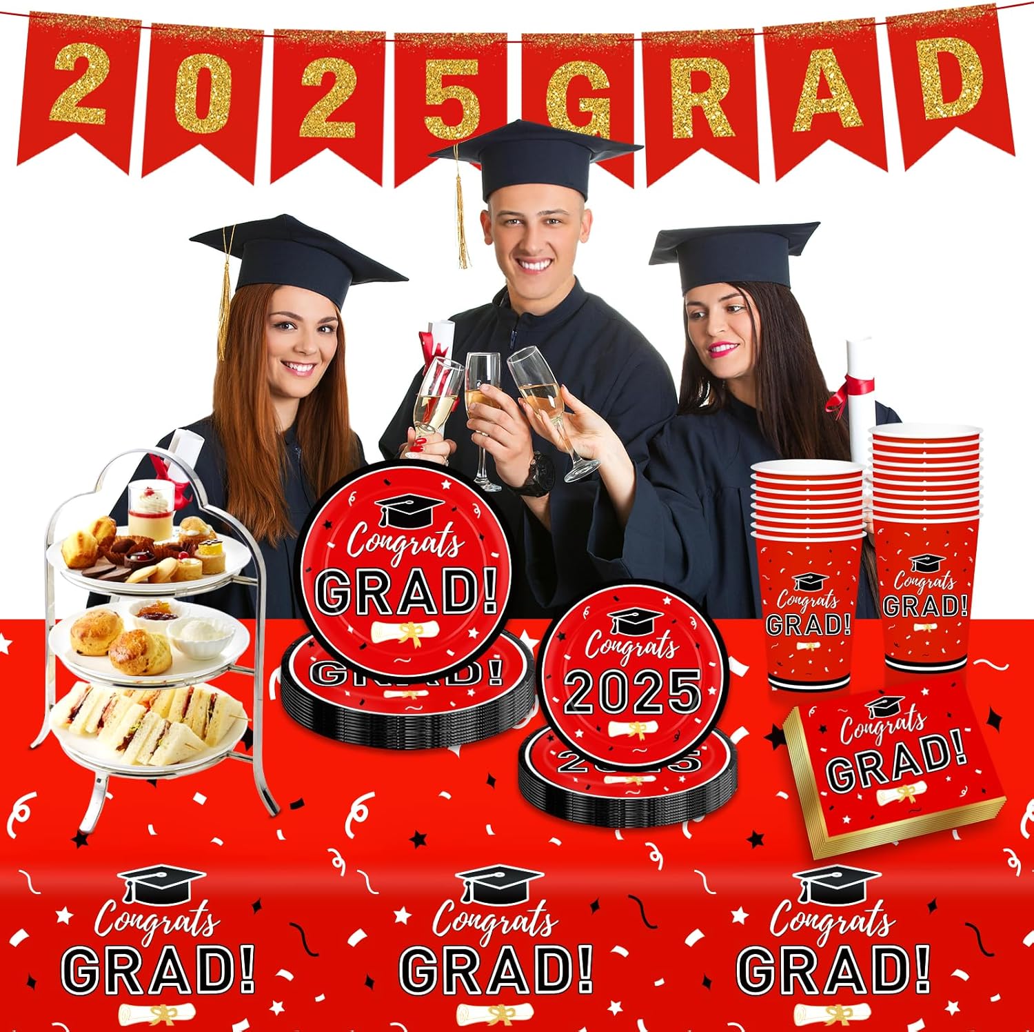 Graduation Decorations 2025 Disposable Red Graduation Tableware Kit for 25 Guests Plates Napkins Cups Tablecloth Hanging Graduation Party Decorations 2025 - Image 4