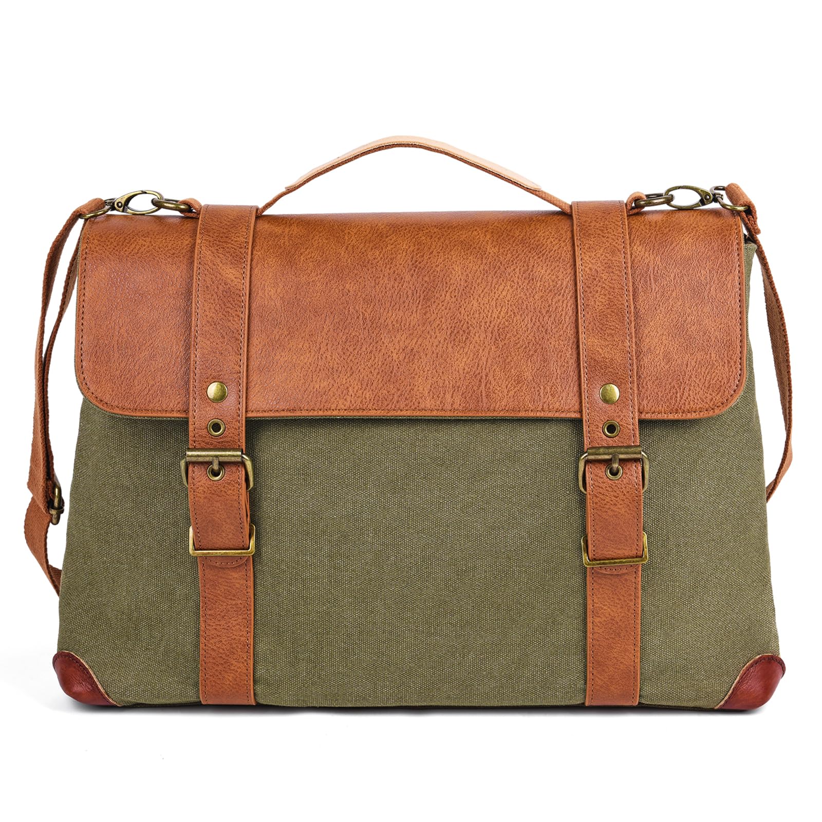QiXin Green Messenger Shoulder Bag, Leather & Canvas Laptop Bag, Crossbody Briefcase, Computer Bags for Laptops