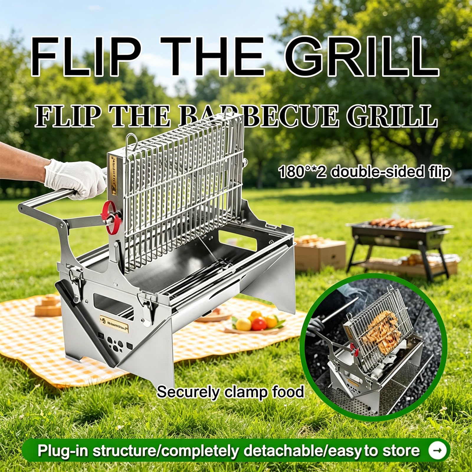 Odwracany grill, przenośny grill i palenisko 2 w 1 ze stali nierdzewnej, dwustronna klatka obrotowa 180° z regulowanym grillem, zdejmowana konstrukcja do biwakowania i gotowania na świeżym powietrzu