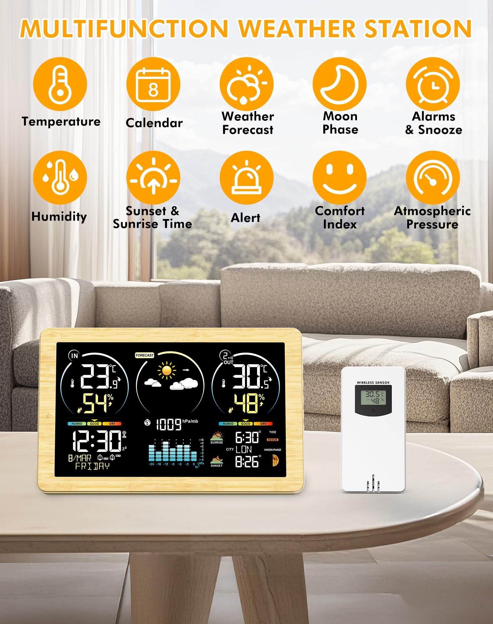 VOKSUN Wetterstation Funk mit Außensensor & Farbdisplay | Wettervorhersage, Innen/Außen-Thermometer & Hygrometer, Luftdruckmessung | Schlummerwecker, Dual-Strom (Batterie/Netzbetrieb) | Khaki