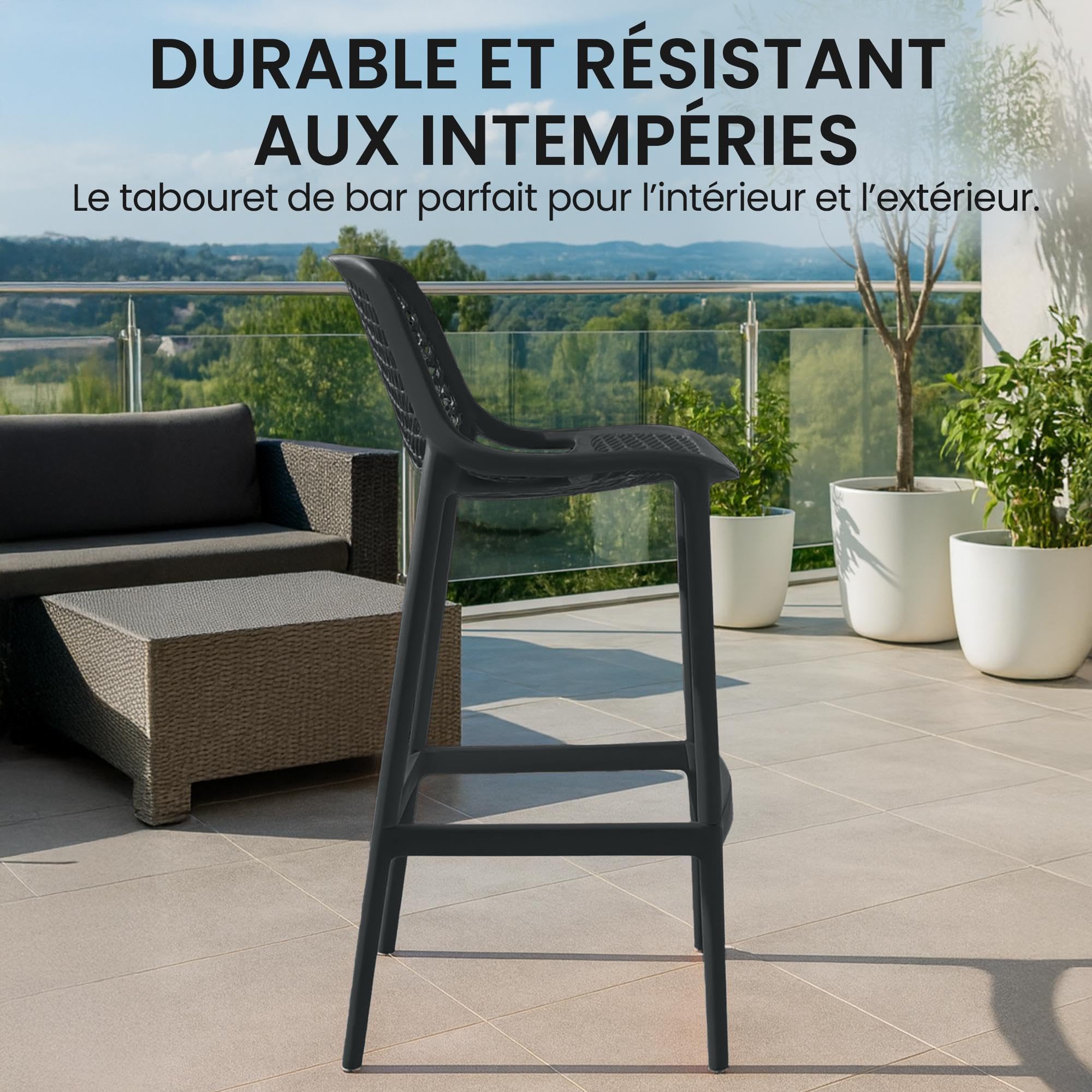 CLP Lot de 2 tabourets de Bar Jardin Air, chaises de Jardin Dossier, tabourets de comptoir résistants aux intempéries, UV, polypropylène, Couleur:Noir