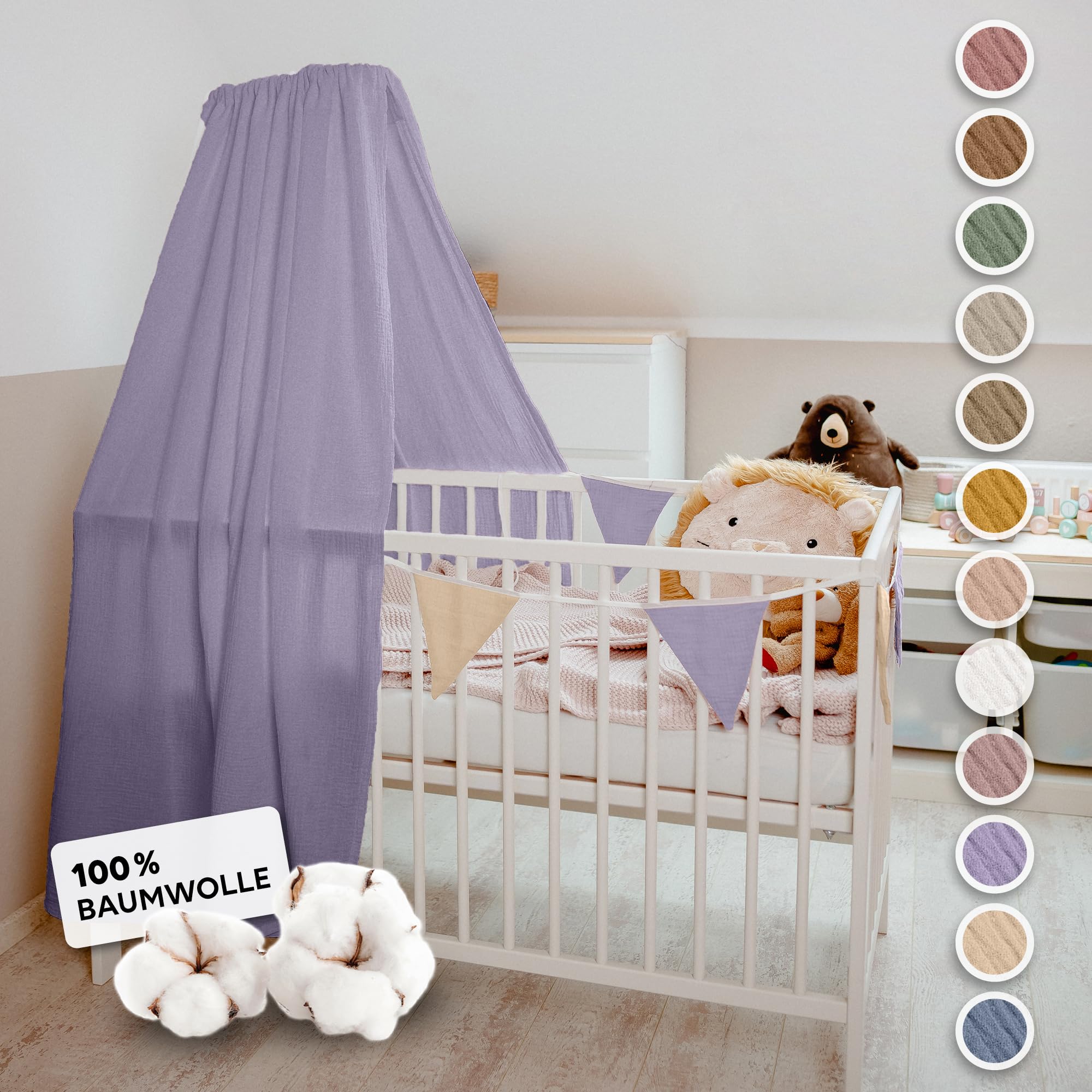 lilimaus Betthimmel Babybett mit Gold Applikation in 12 Farben [inkl. Himmelstange] - Himmel Babybett aus 100% Baumwolle Musselin für Mädchen & Jungen - Himmelbett mit Stange - Kinder Babyzimmer Deko