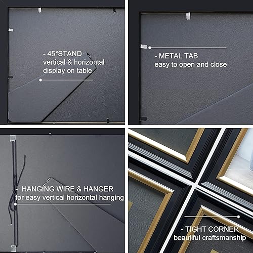 Miniatura 7 de CREKERT Marco de diploma de 11 x 14 pulgadas, madera maciza, vidrio inastillable para documentos, marco dorado negro de 8.5 x 11 pulgadas con