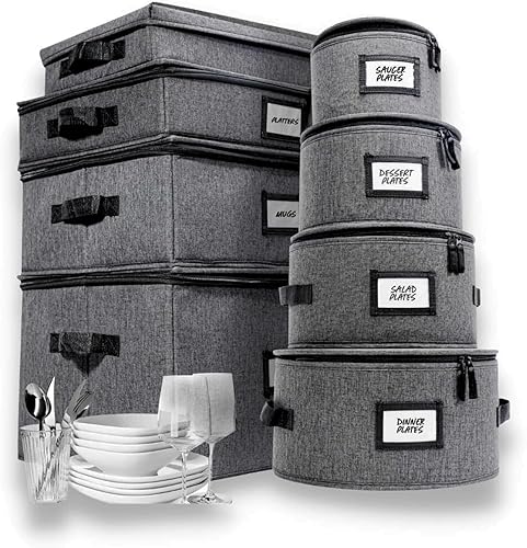 HOMELUX THEORY 8-Piece Hard Shell China Storage Set for Dinnerware, Stemware & Flatware with Felt Protectors