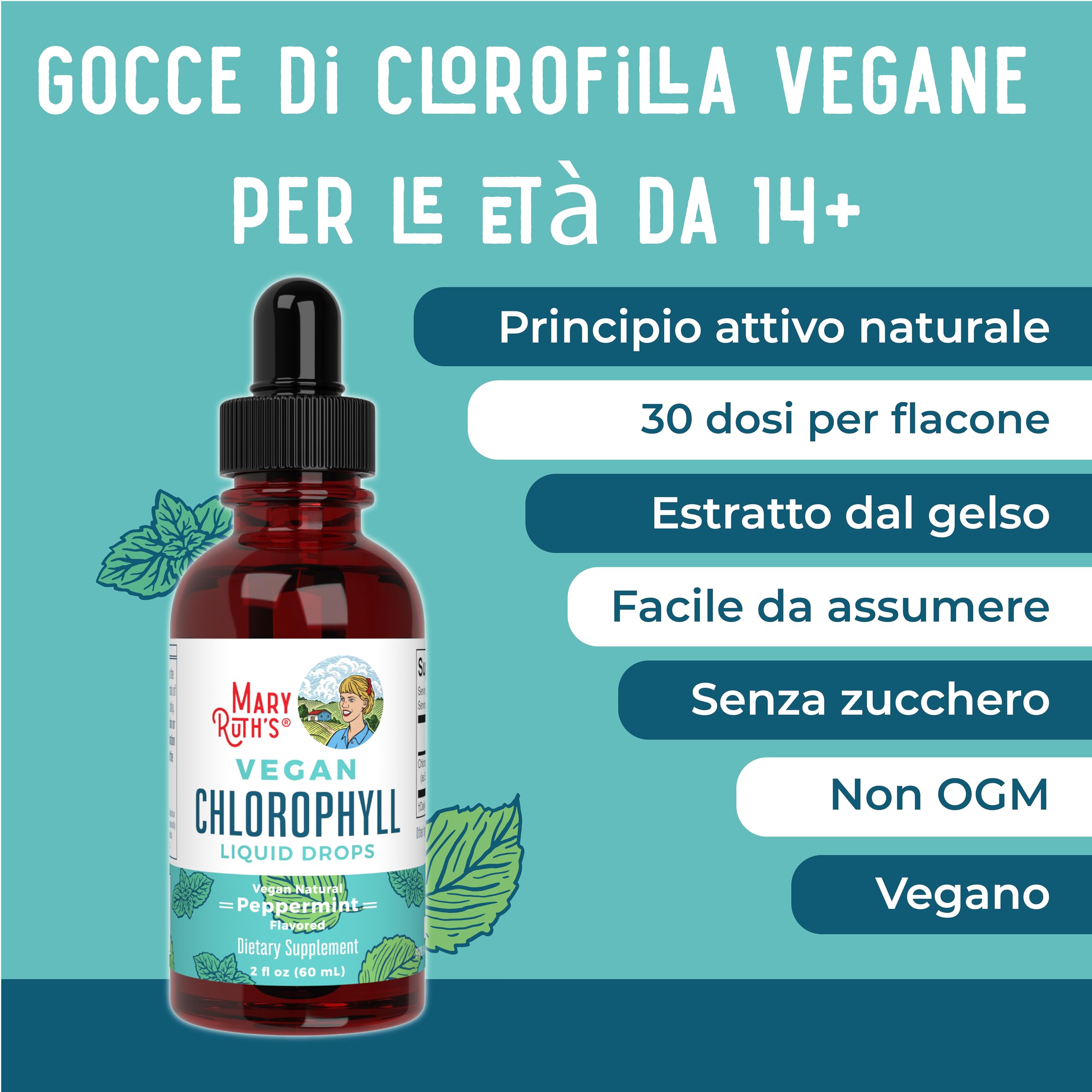 MaryRuth Organics, Chlorophyll Drops, Gocce di Clorofilla, Al Gusto di Menta Piperita, 60 ml, Vegan, Senza Glutine