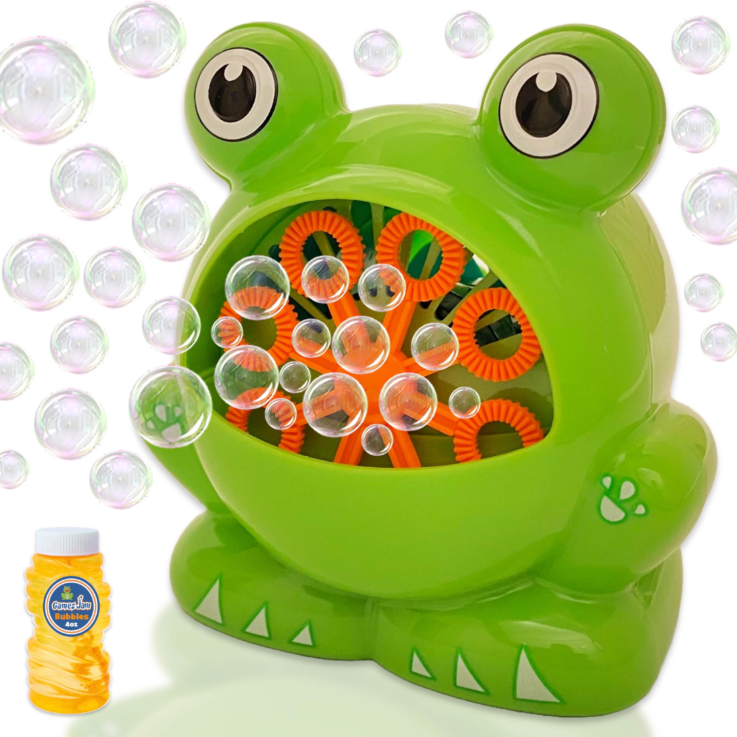 Frog Bubble Machine for kids, toddlers, babies, grown-ups, even dogs. Bubble maker to entertain children outdoor and indoors. Battery operated bubble blower with bubble solution.