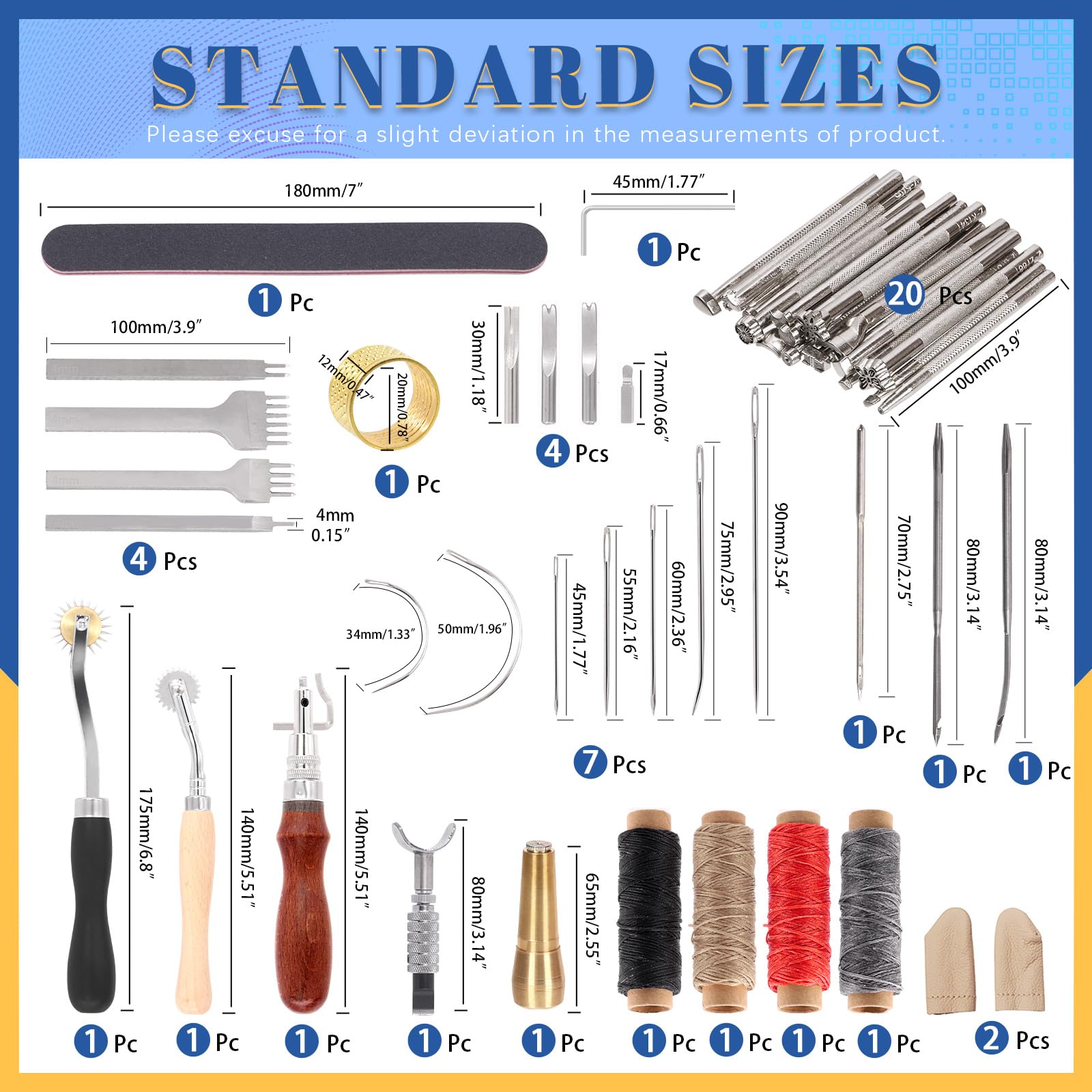 Glarks Kit de herramientas y suministros de trabajo de cuero, kit de herramientas de mano de cuero que incluye herramientas de cuero, tenedor de uñas, hilos encerados, herramientas de impresión, rueda