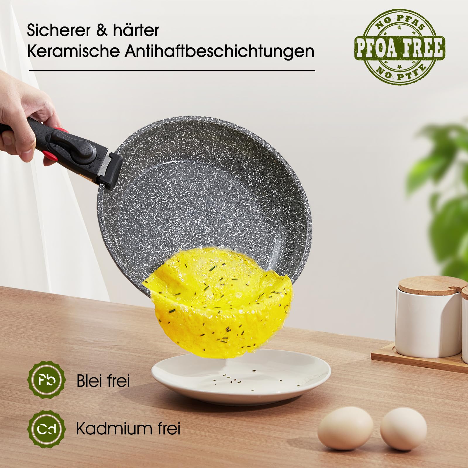 ROSSETTO 7-teilige Topfset Induktion mit abnehmbarem Griff und keramische Antihaftbeschichtung, stapelbar forged Aluminium Kochtopf Set mit Glasdeckel, Bratpfanne, Kasserolle