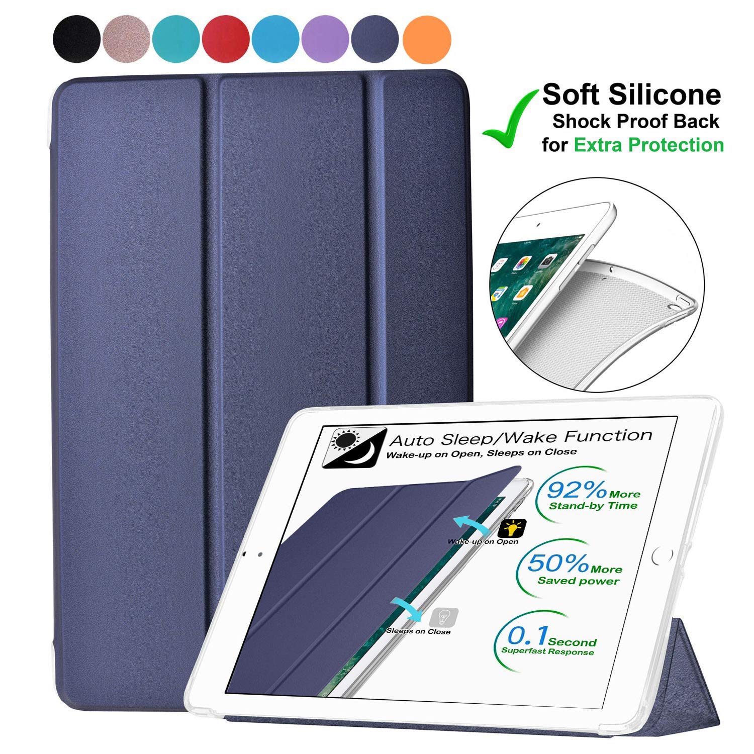 iPad 10.2 Inch 9 8 7 2021 2020 2019 [iPad 9th / 8th / 7th Gen ] A2197 A2270 A2602 Smart Trifold Lightweight Soft Silicone Transparent Front & Back Cover - Navy Blue