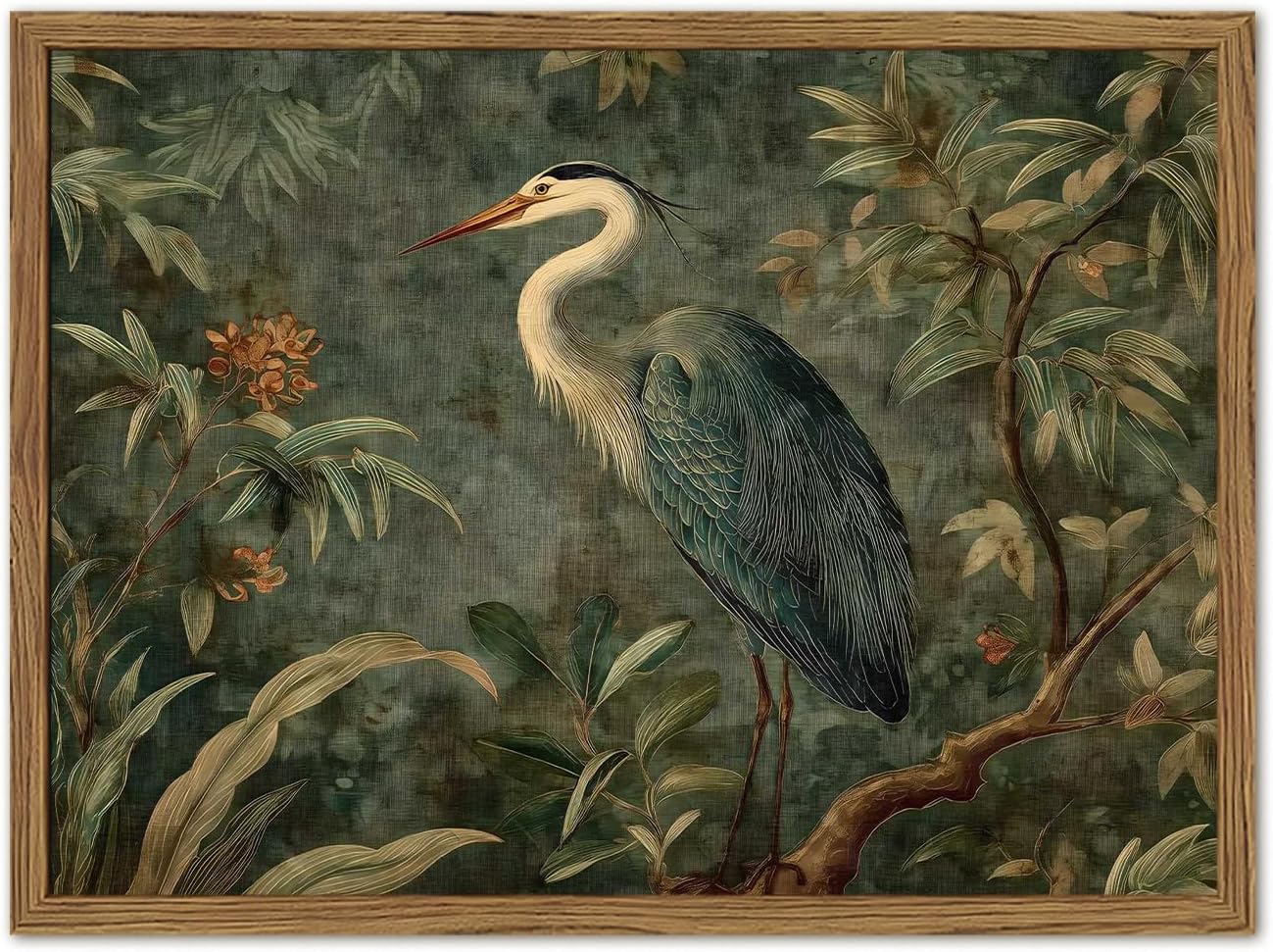 Bird Botanical Wall Art Vintage Blue Heron Wall Decor Painting, Cottagecore Floral Wildlife Poster Canvas Print Picture for Living Room Bedroom 12x16 inch Wood Framed