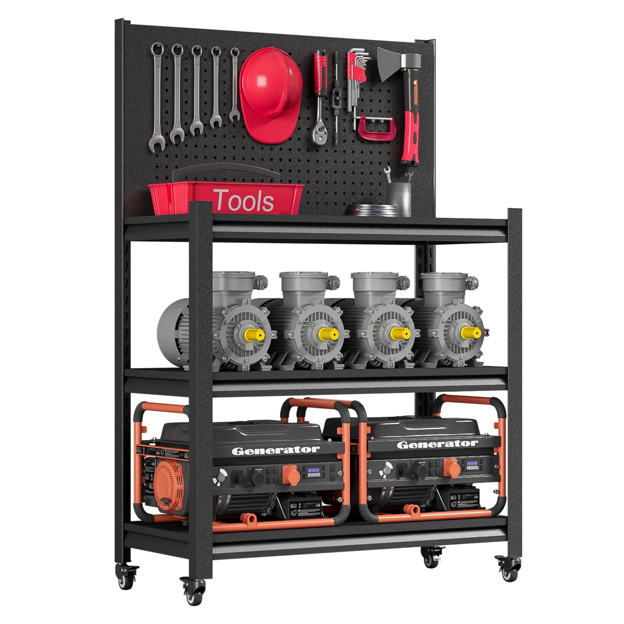 48" H Metal Garage Workbench with Pegboard,3-Tier Roling Tool Work Bench,Adjustable Heavy Duty Work Table on Wheels,Black Mobile Workstation for Garage Warehouse Workshop,Screwless Design