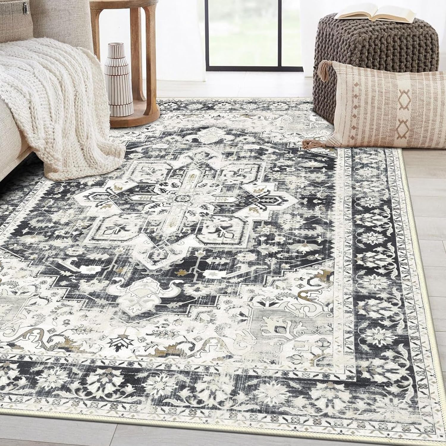 Topotdor Washable Rugs 6x9 Vintage Area Rugs Non-Slip Area Rugs Low Pile Floor Carpet Printed Soft Durable Stain Resistant Foldable Rugs Living Room Dining Room Bedroom,Beige