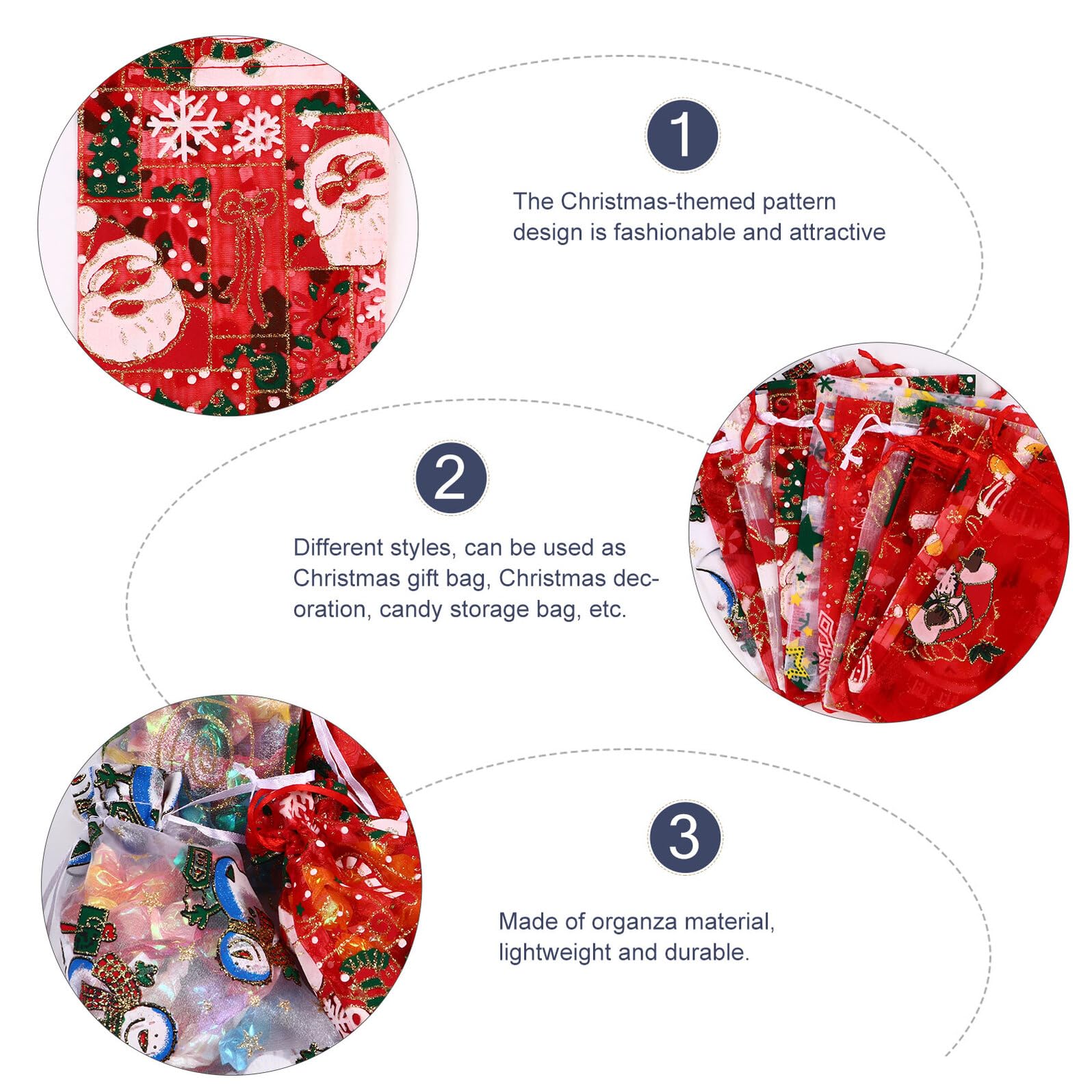 VILLCASE Sacchetti in Organza per Natale con Chiusura a Coulisse, 50 Pezzi, Design Variegato, Facile da Trasportare e Conservare, per Alberi di Natale e Festività Speciali