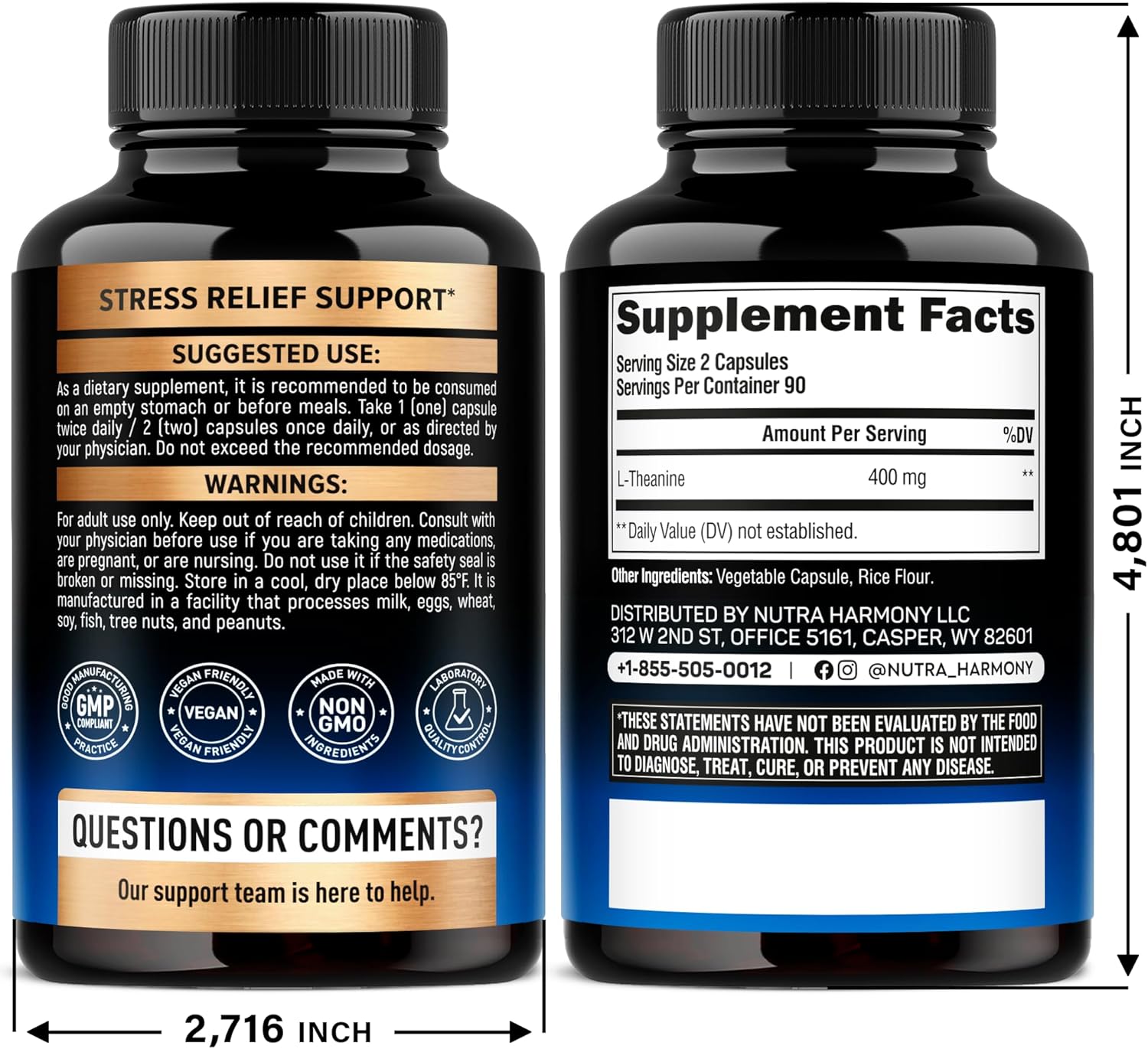 L Theanine 400 mg | L-Theanine Stress Relief | Extra Strength Supplement | Made in USA | Relaxation, Sleep & Calm Support | For Men & Women | Plant Based, Non-GMO & Gluten-Free | 180 Vegan Capsules - Image 2