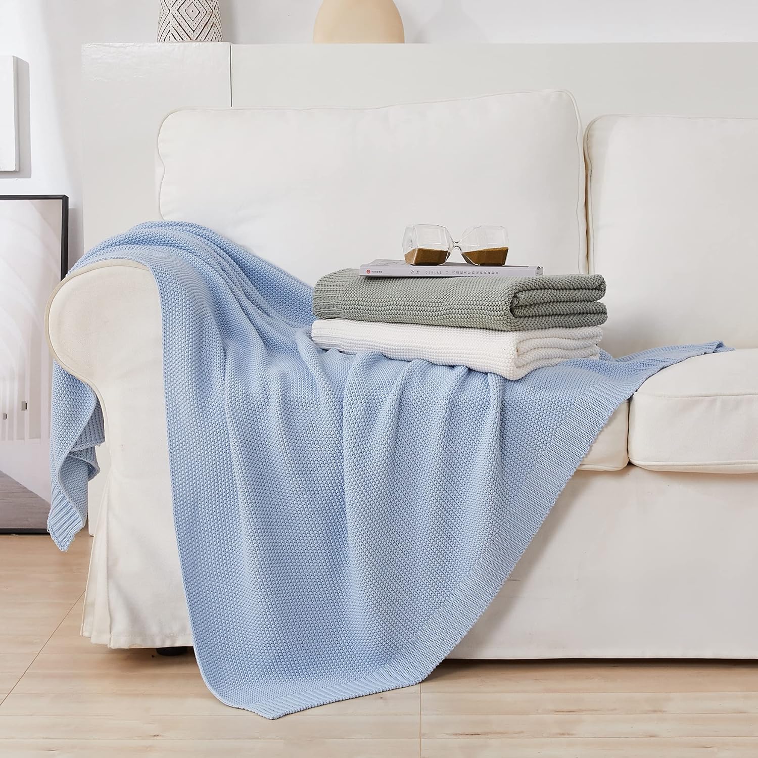 Longhui bedding 100% Cotton Light Blue Cable Knit Throw Blanket for Couch Sofa Bed Home Décor – Lightweight 50“ x 60”, Bonus Laundering Bag, Machine Washable - Image 5