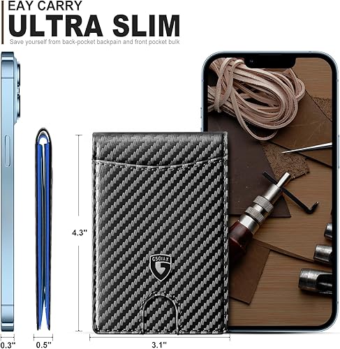 Miniatura 3 de GSOIAX Cartera delgada para hombre con clip para dinero, cuero minimalista con bloqueo RFID, plegable, pequeño bolsillo frontal delgado, billetera