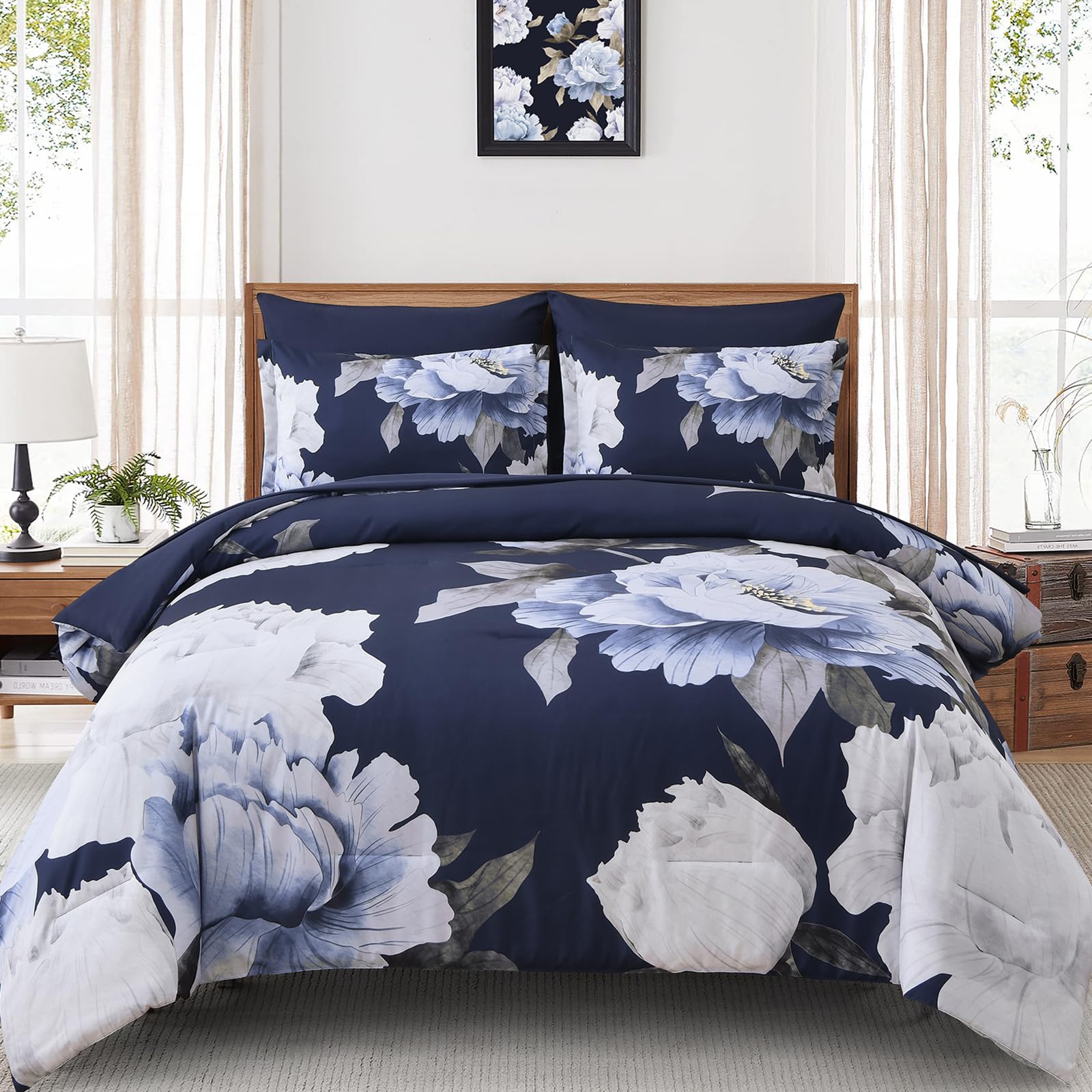 Dobuyly Navy Blue King Size Comforter Set 7 Piece Bed in a Bag, Floral Comforter Set with Sheets, Soft Microfiber Botanical Flowers Complete Bedding
