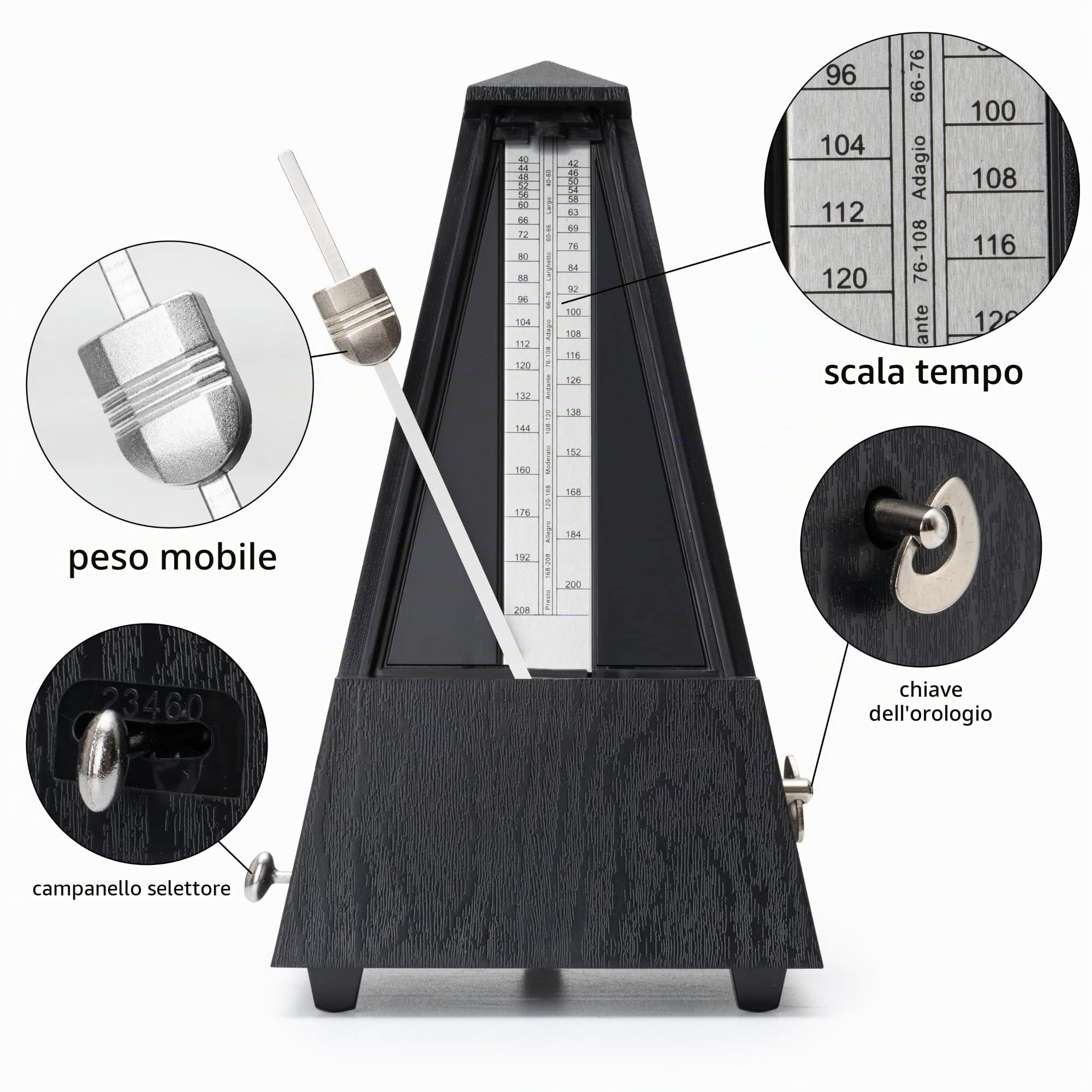 M-03G Metronomo con Campanello Nero, 40-208 battiti per minuto | Metronomo meccanico con campanello, Velocità regolabili, Tempi impostabili: 2/4, 4/4 e 6/4, Campanello disattivabile, 7 x 11