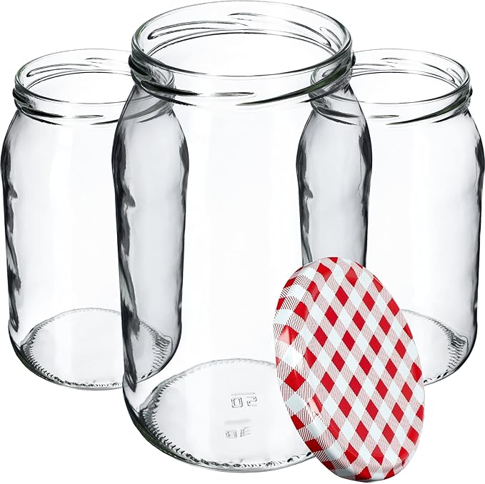 KADAX Tarros de cristal para conservas de 900 ml (24 unidades, diseño a cuadros rojos)