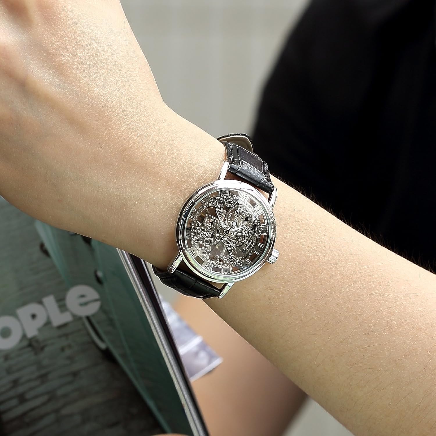 Men's Mechanical Wrist Watch Skeleton Hand Wind Up Leather Strap