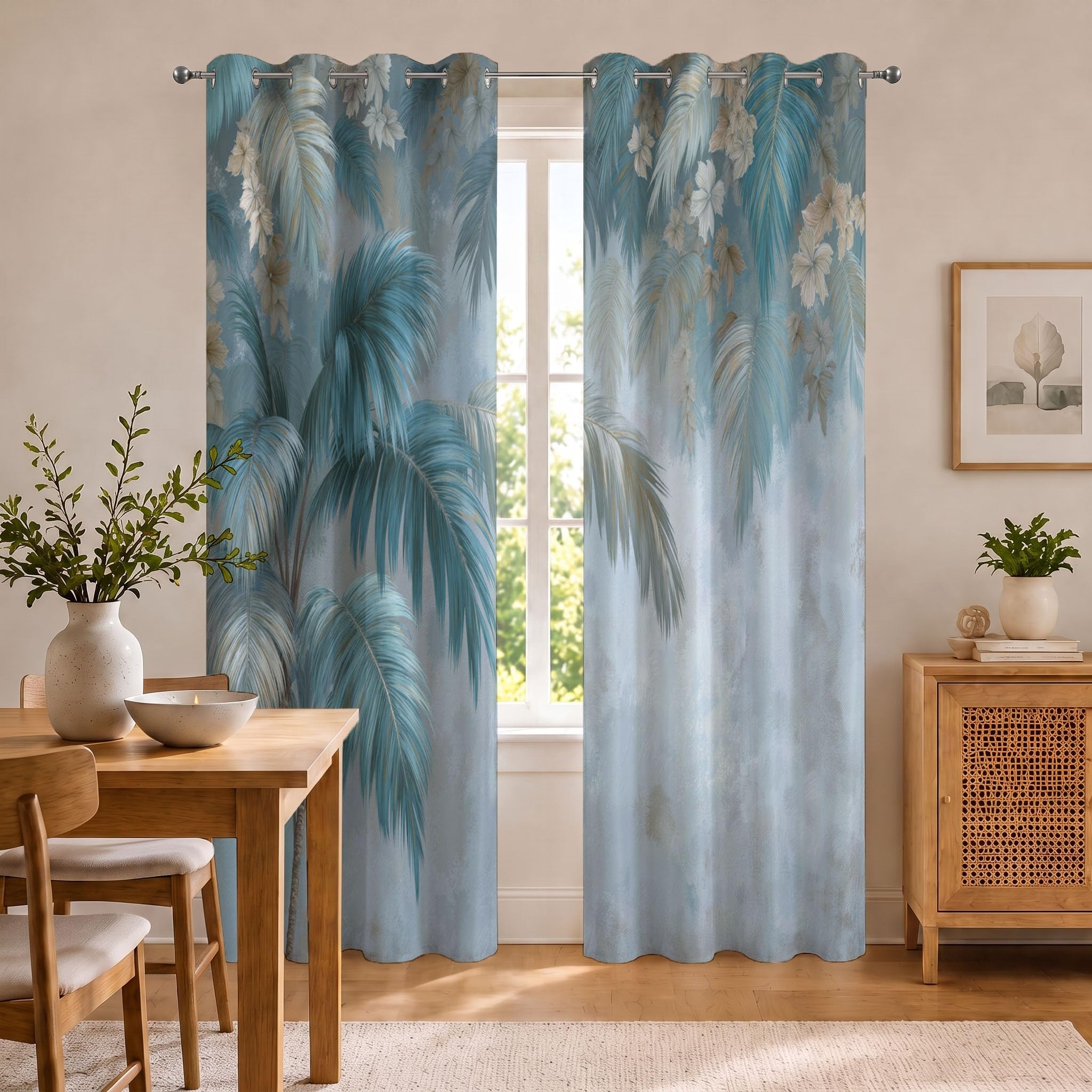 Hojas Tropicales Cortinas Opacas De Hojas Palma Pequeñas Flores Blancas Salon Dormitorio Decoración De La Ventana, 2 Piezas Cortinas Ollaos Azul Hielo, Aislantes Frio Y Calo 140An X 175Al Cm