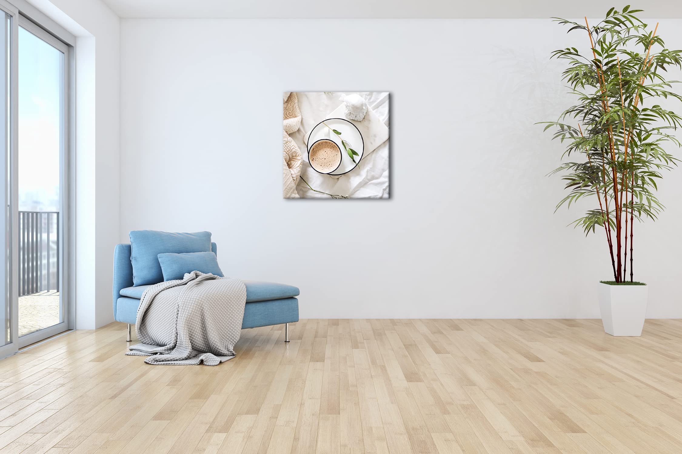 Rahmenlos - Lienzo con diseño de café en la mañana (70 x 70 cm, con marco de madera, impresión digital de alta calidad, sin póster ni cartel)
