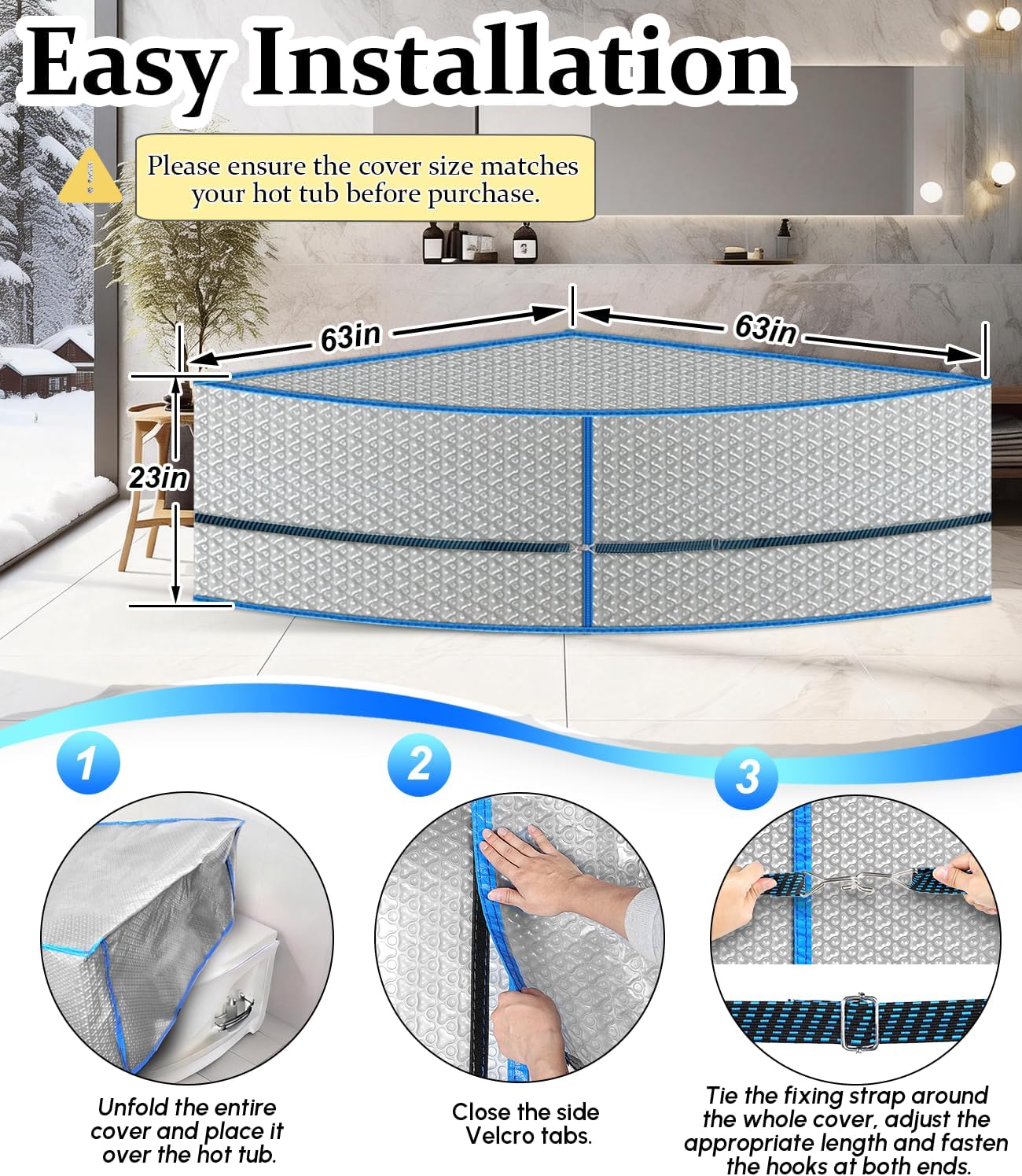 63" L x 63" W x 23" H Triangle Thermal Bubble Cover - Waterproof Hot Tub Pool Cover for Jetted Spa Tub, Thermal Spa Insulation for Heat Preservation Fits 59" Corner Whirlpool Bathtub